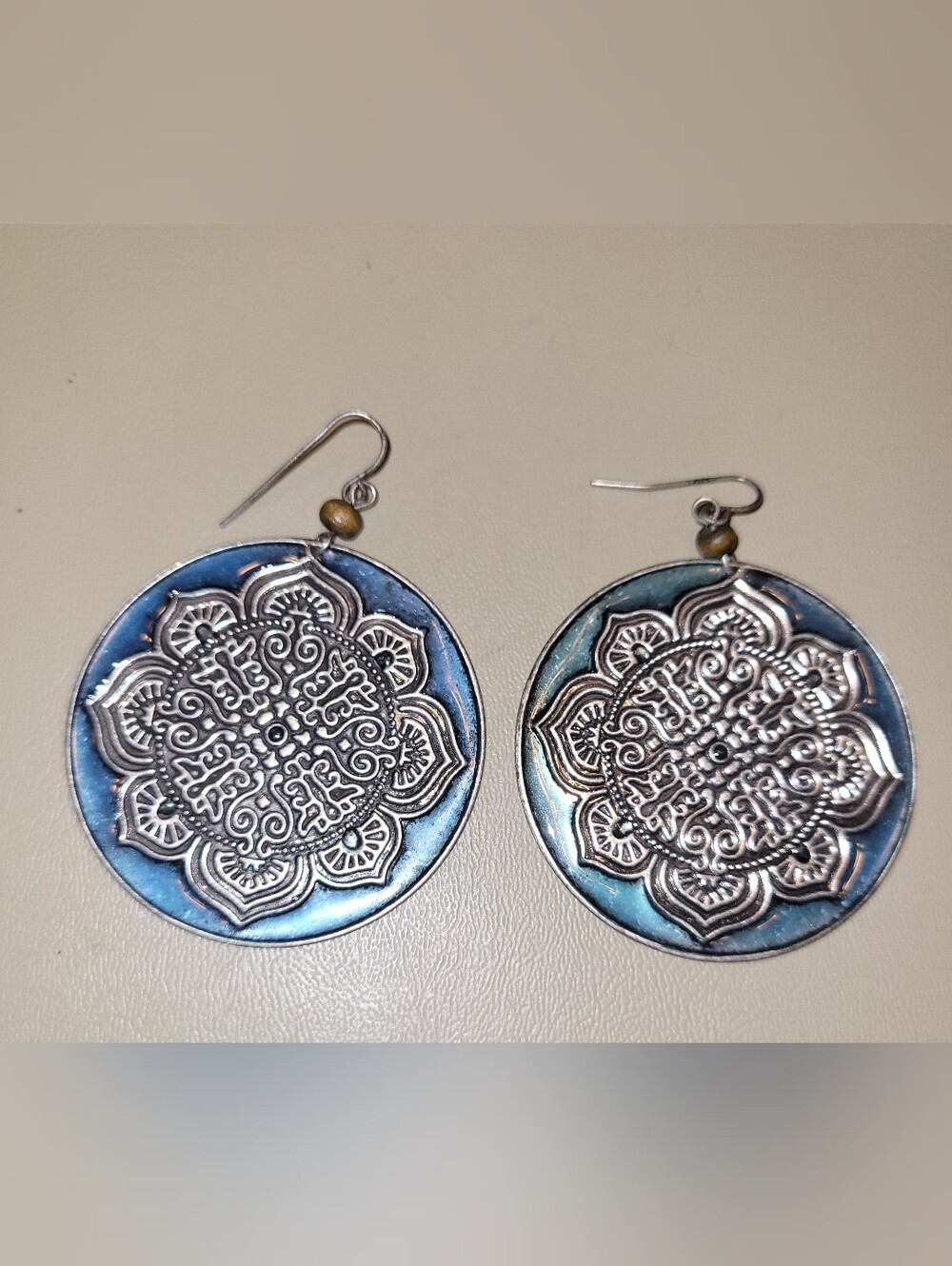 Boho Silver-Tone Blue Mandala Drop Earrings